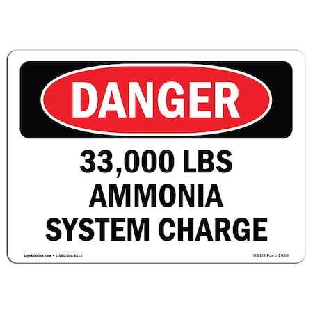 Signmission OSHA Danger Sign, 18" Height, 24" Width, Aluminum, 33000 Lbs Ammonia System Charge, Landscape OS-DS-A-1824-L-1938